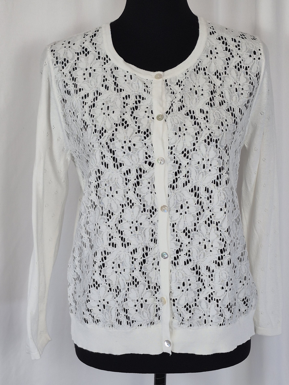 August Silk Heritage Delicate Lace-Front Pointelle knit Cardigan Sweater - Sz L